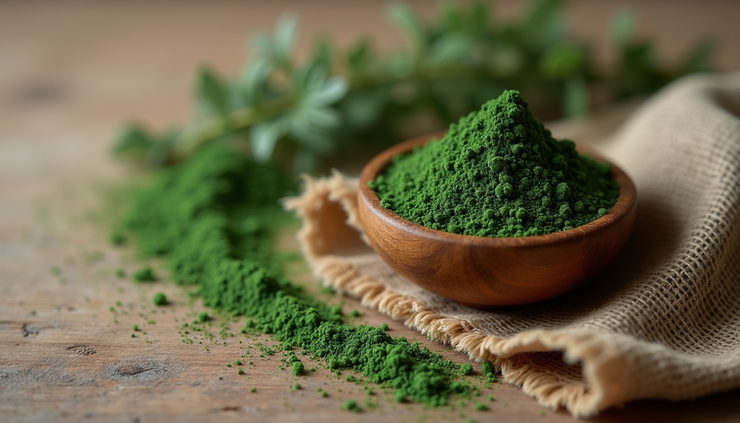 Close-up view of spirulina powder in a wooden bowl