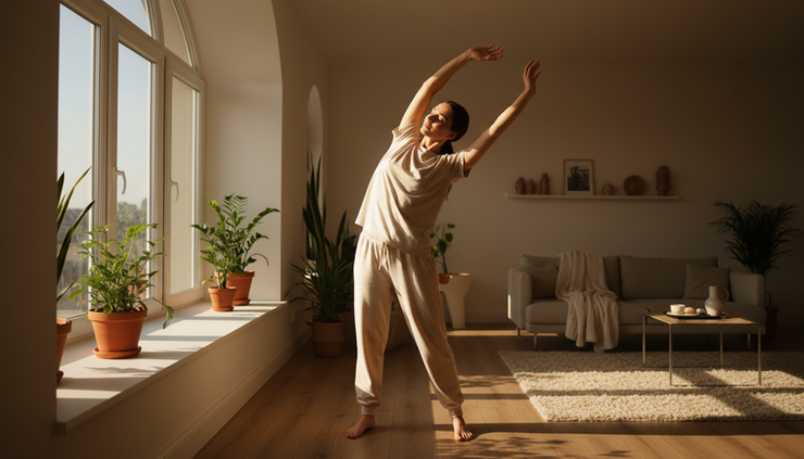 Wide-angle view of a person stretching near a window after waking up.