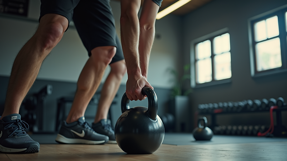 Eye-level view of a person performing a kettlebell swing in a gym setting