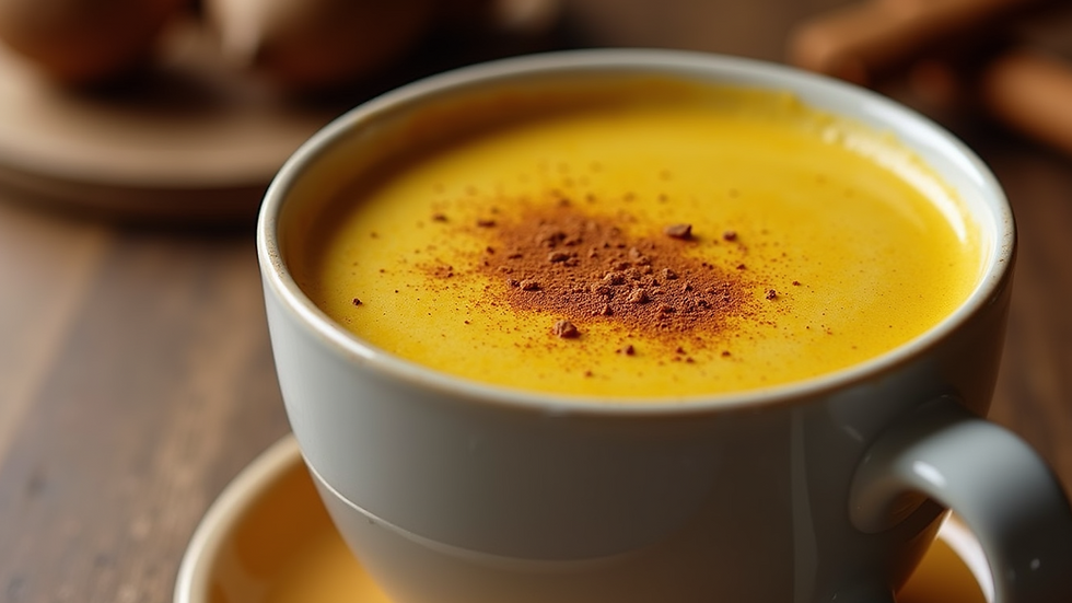 Close-up view of a golden turmeric latte with a sprinkle of cinnamon