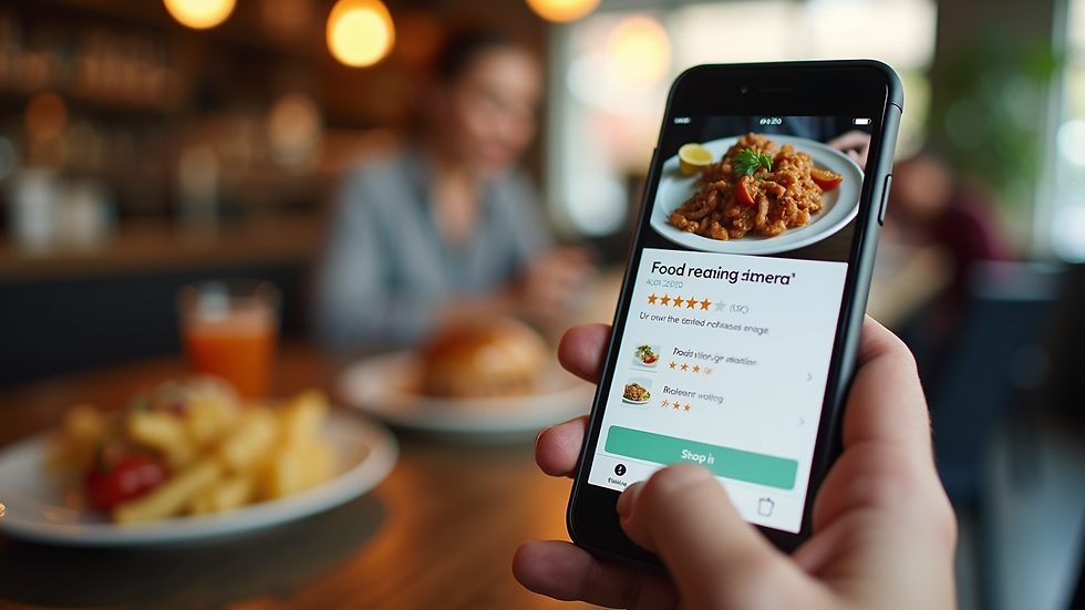 Close-up view of a phone displaying a food rating app interface
