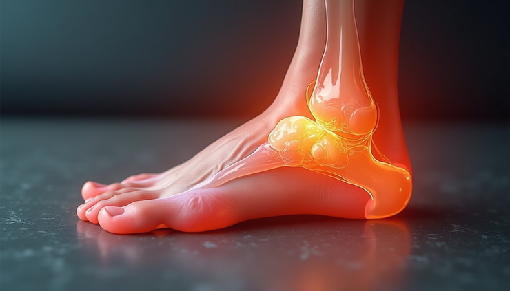 Close-up view of inflamed plantar fascia on a foot