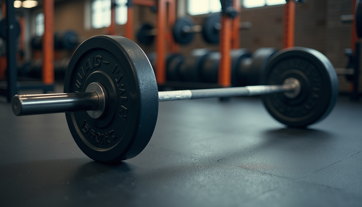 Close-up of a barbell with weight plates on a gym floor