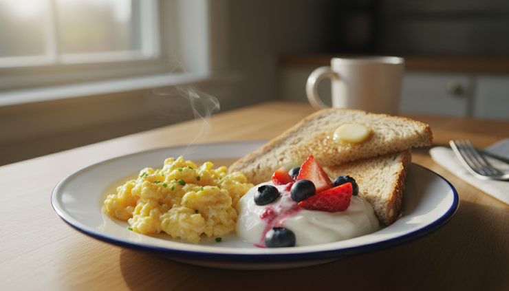 Close-up view of a small plate with eggs, soft fruit, yogurt, and whole-grain toast for an older adult