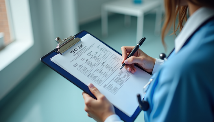 High angle view of a healthcare professional reviewing blood test results