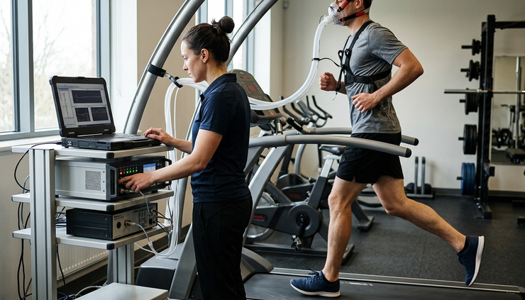Wide-angle view of an athlete running on a treadmill while a sports physiologist monitors exercise testing equipment