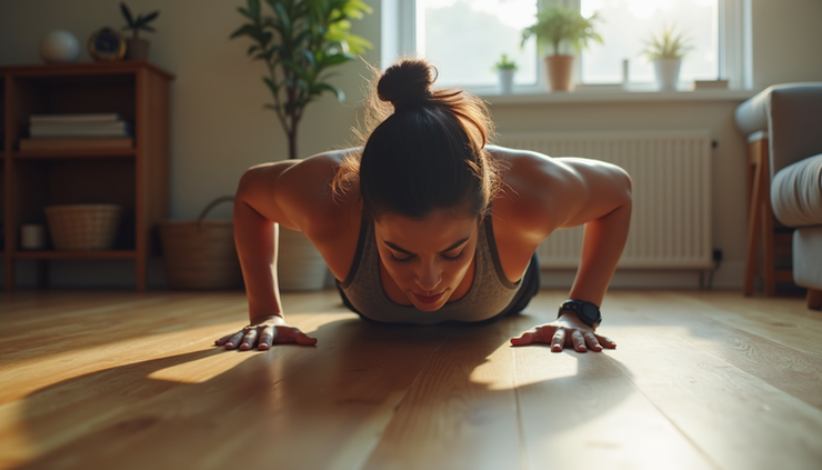 Eye-level view of a person performing a one-arm push-up on a wooden floor