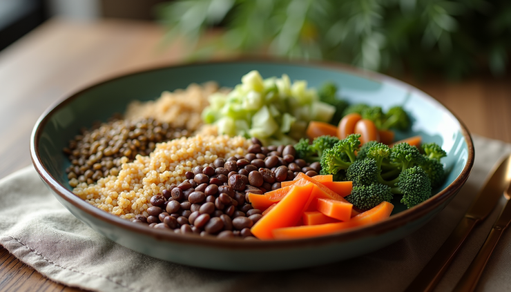 High angle view of a colorful plate with plant-based protein sources like beans, lentils, and quinoa