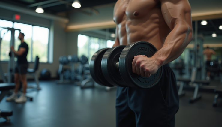 Eye-level view of a person performing a controlled dumbbell curl in a gym