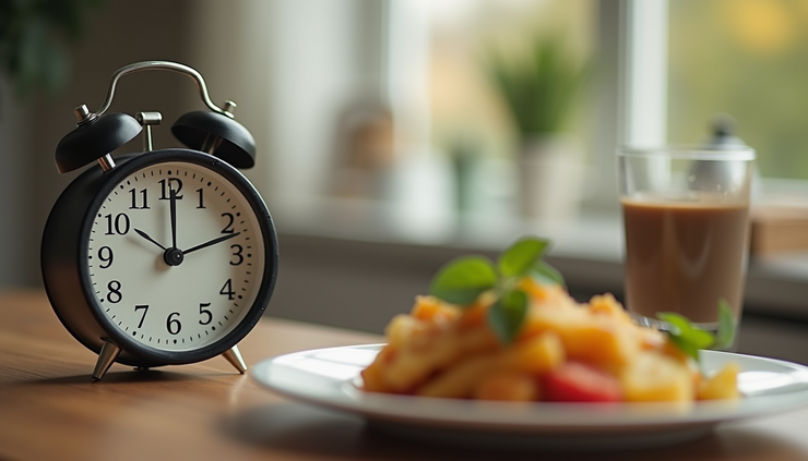 Close-up of a clock next to a healthy meal plate