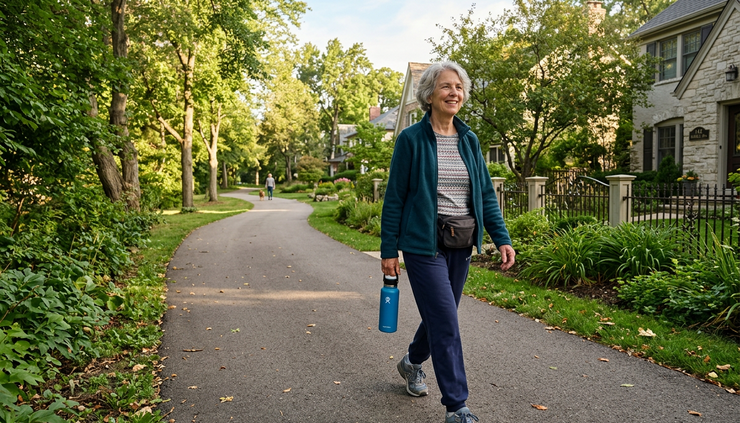 Wide-angle view of an older adult walking on a neighborhood path while carrying a water bottle