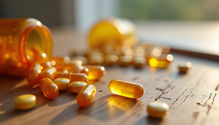 Close-up view of vitamin B-12 capsules on a wooden surface
