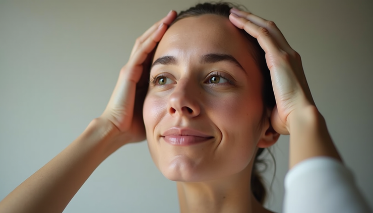 Close-up view of a person performing isometric neck exercises with hand resistance