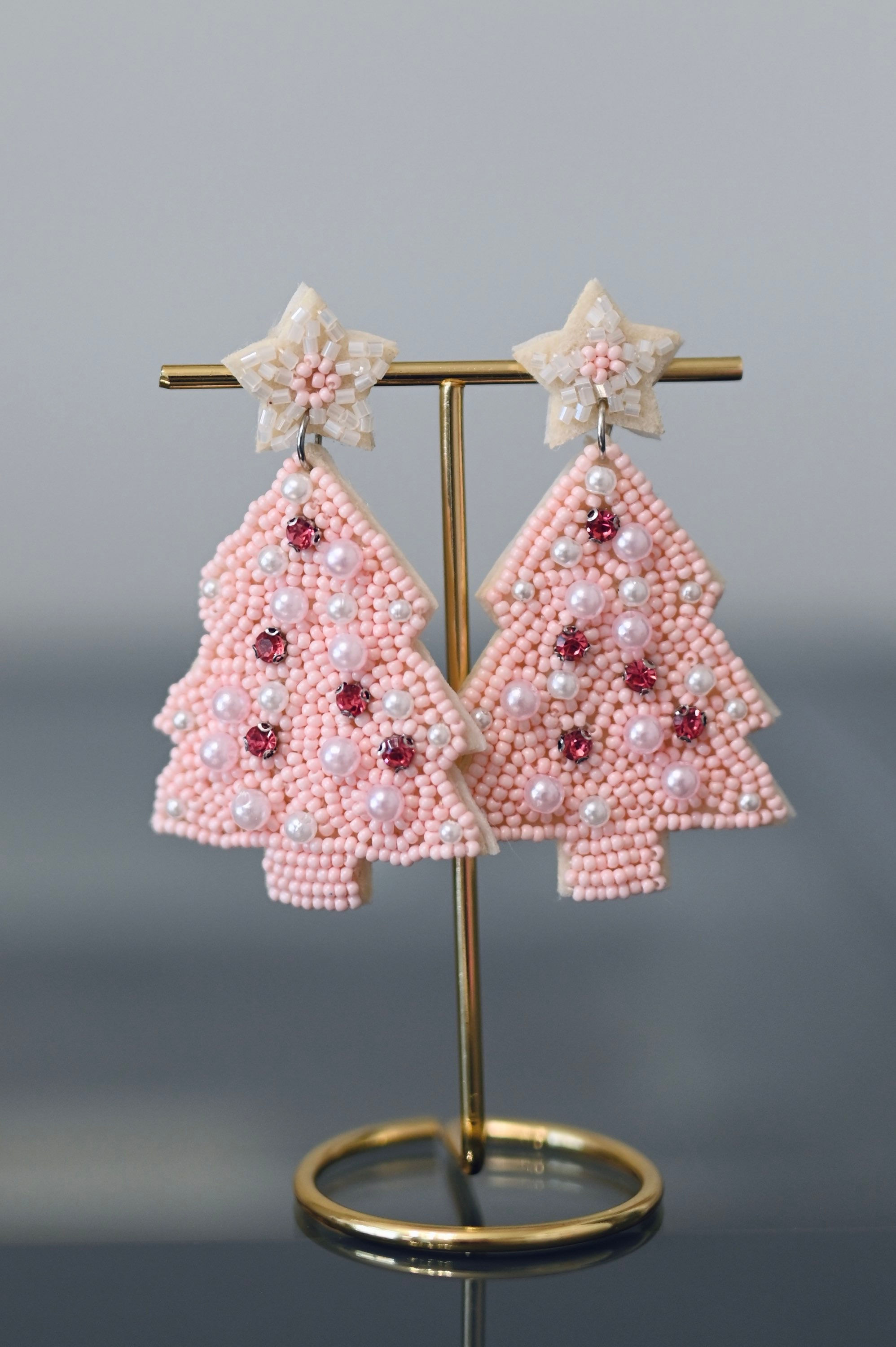 Pink Christmas Tree Dangle Earrings, Beaded