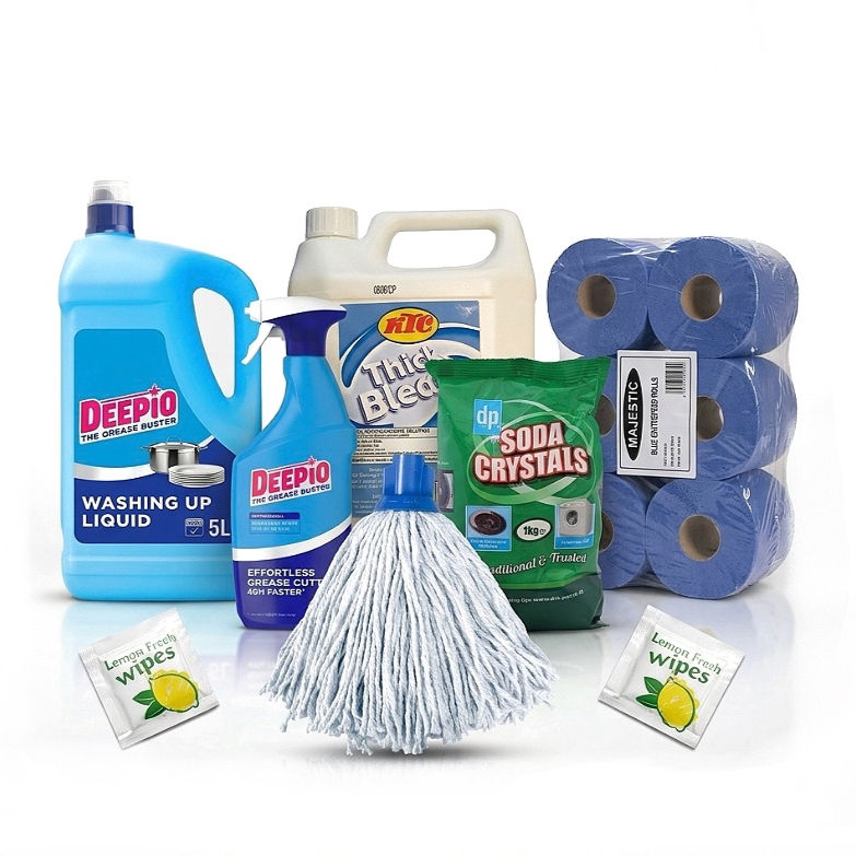 Assortment of cleaning products: liquid, spray, mop, paper towels.