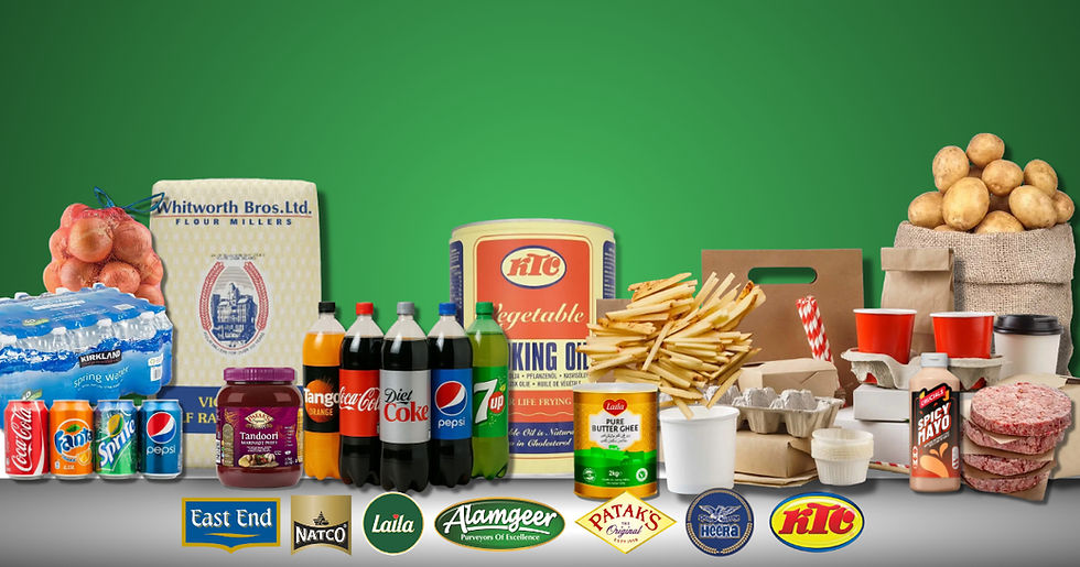 Grocery products: drinks, flour, potatoes, oil, sauces, fries