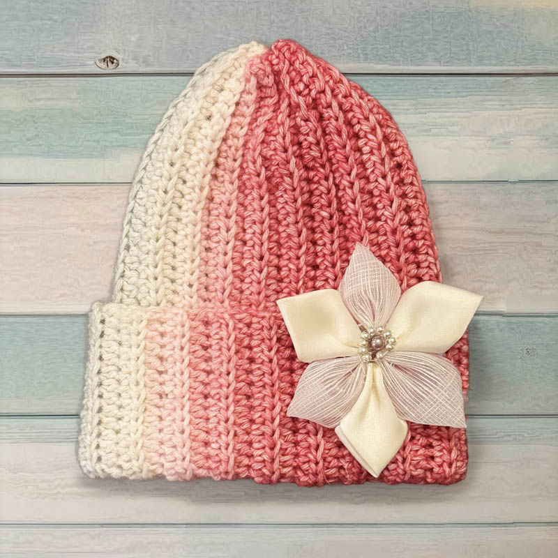 Pink and white gradient beanie with flower, Blossoming Breeze Toddler Beanie, Handmade Beanies.