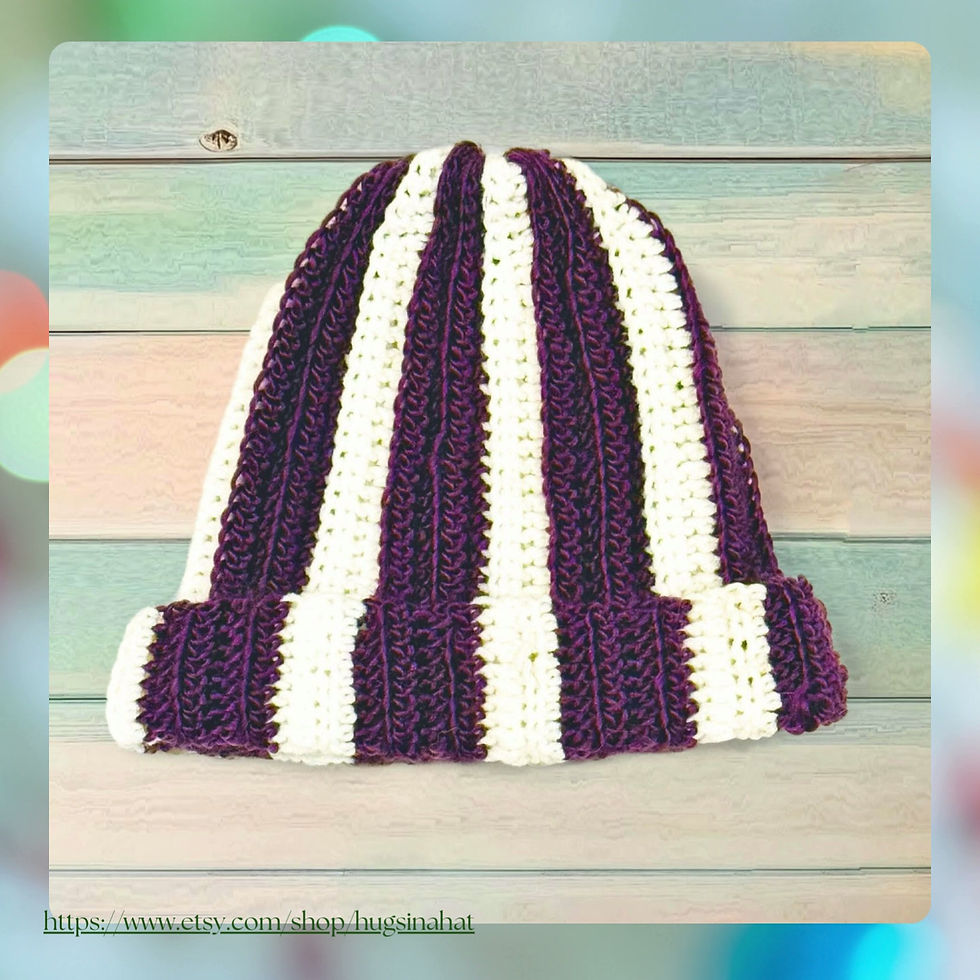 Thumbnail: Handmade crochet ribbed beanie in Purple and White Stripes  soft  acrylic, cozy winter hat for Ages