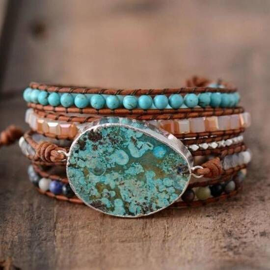 Silbriges Leder Ocean Jasper Wickelarmband