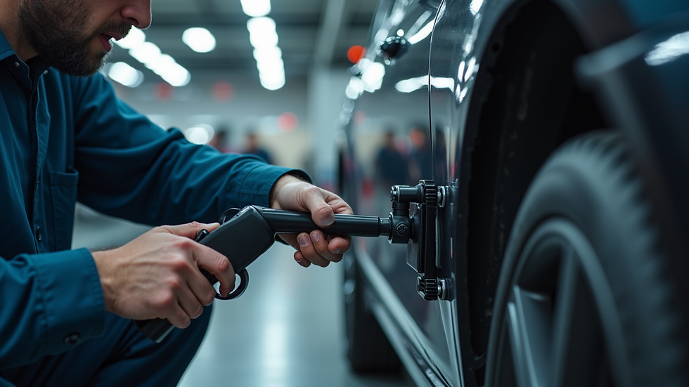 Close-up view of a technician using a frame straightening machine on a car