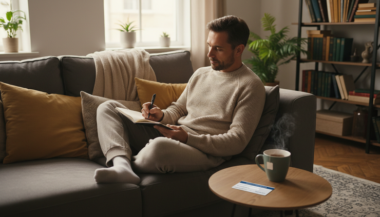 Eye-level view of a person sitting on a living room sofa with a notebook, pen, and health insurance card nearby.