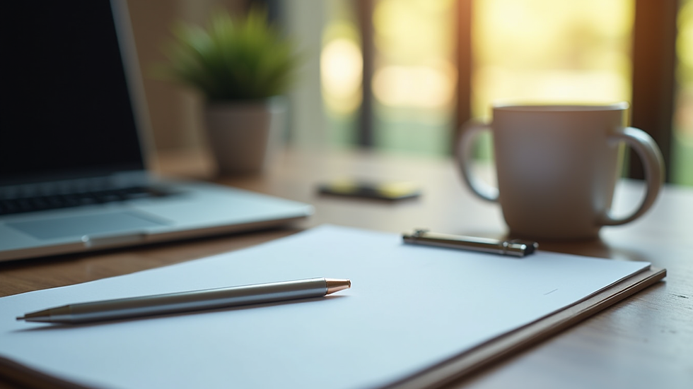 Close-up view of a desk with a laptop, notepad, and coffee cup, symbolizing career growth and planning
