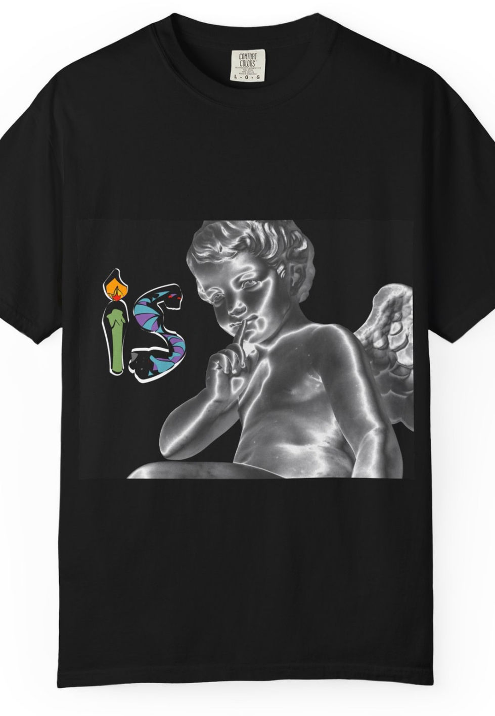 Black t-shirt featuring a grayscale cherub statue and colorful 'is' text