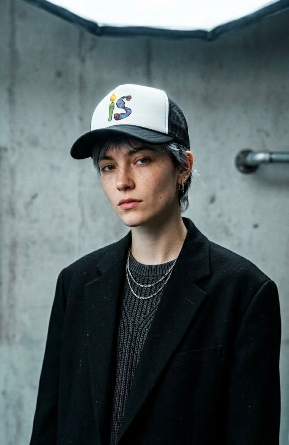 Person in black blazer and 'IS' logo cap