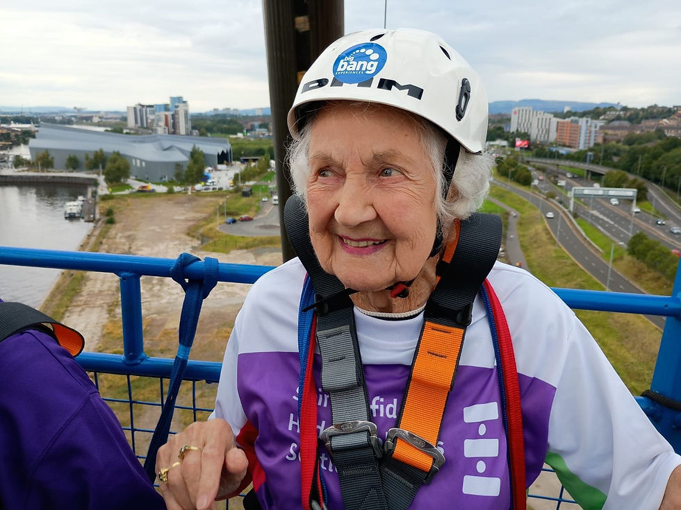 Mae Whiteford CBE at charity zip wire in Scotland