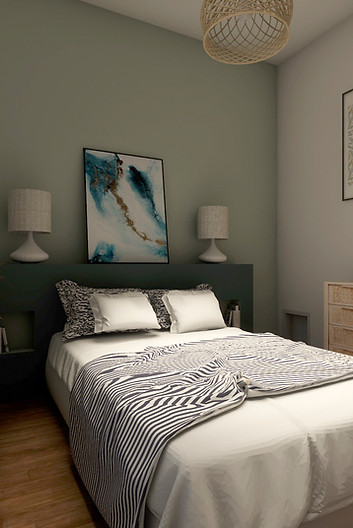 Architecture intérieure, chambre rénovée, tête de lit sur mesure, 3D bordeaux