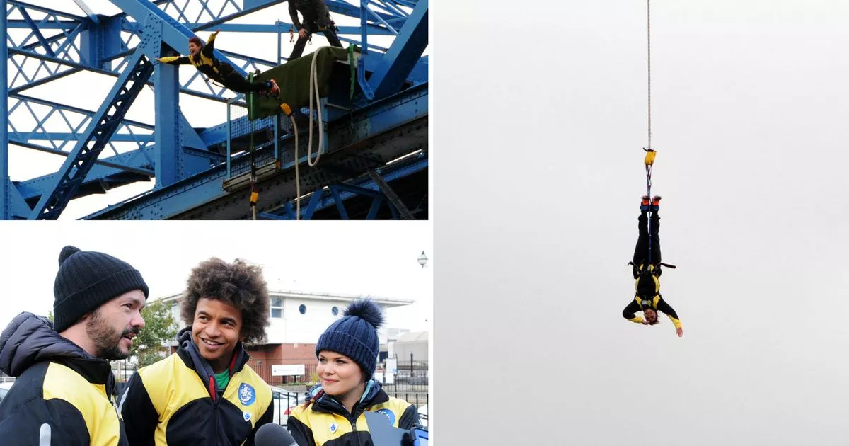 Compilation of images of Blue Peter presenters doing bungee jump from Middlesborough transporter bridge
