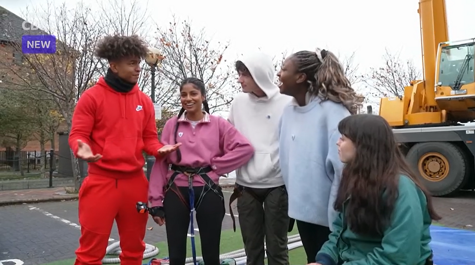 CBBC's Blue Peter crew after completing the Children In Need challenge with UK Bungee Club & Big Bang Experiences