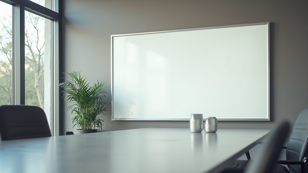 Eye-level view of a modern office space with a large whiteboard