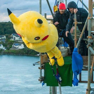 Pikachu doing a bungee jump from Claddau Bridge