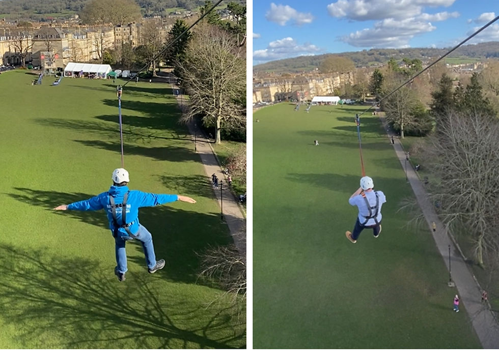 Two people on a zipwire over Royal Crescent in Bath