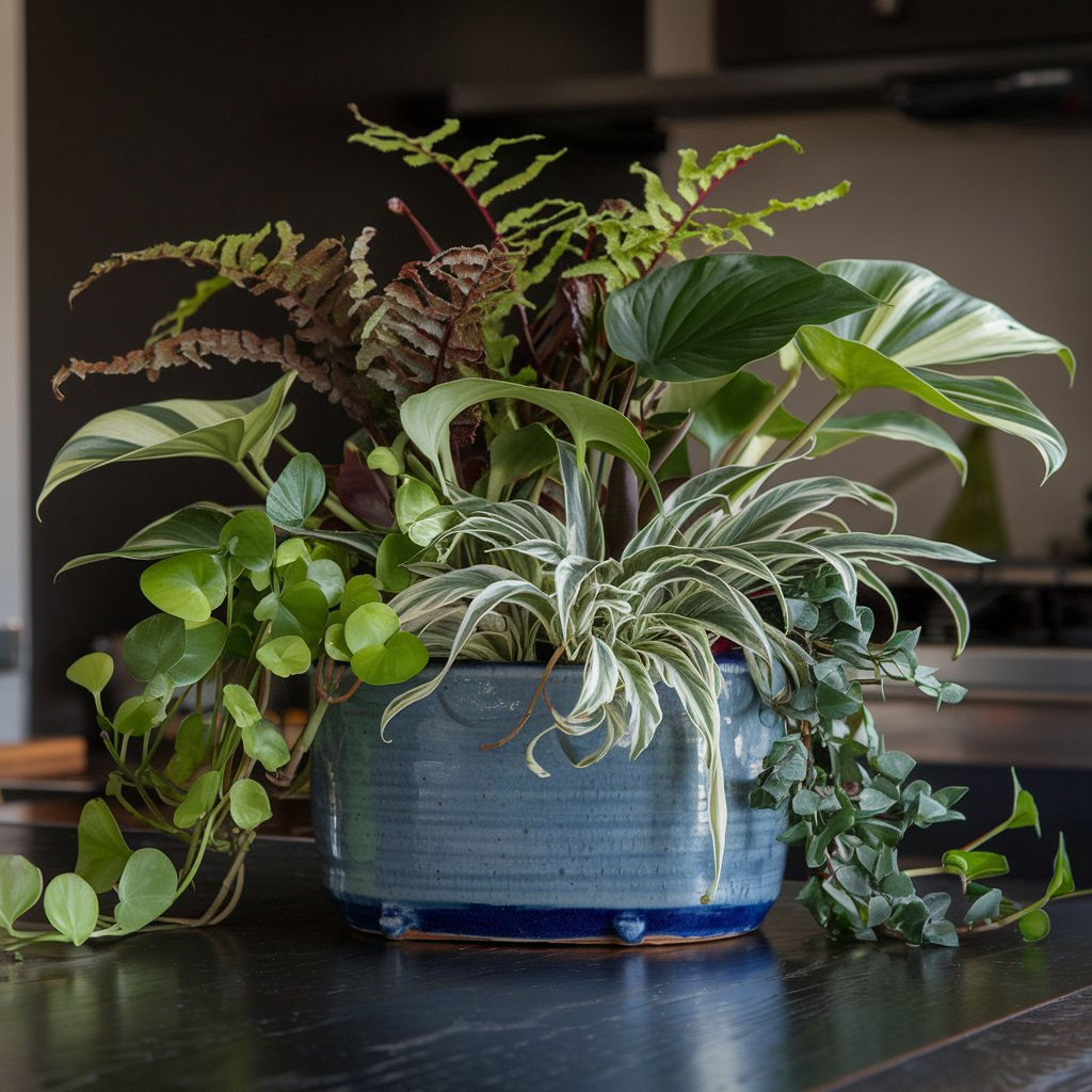 Close-up of a modern tabletop plant arrangement in a classic blue container. Multiple types of houseplants are included.