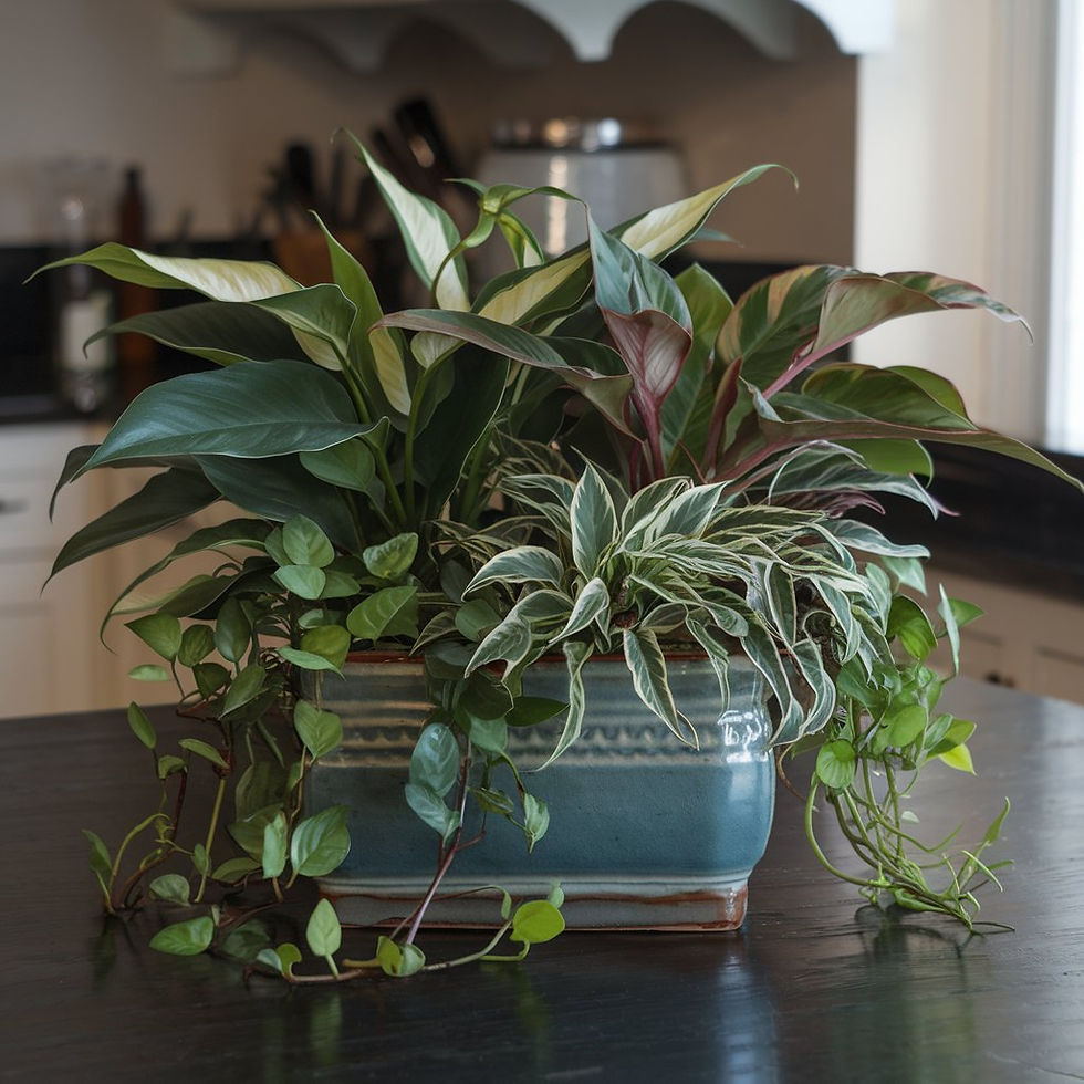 Thumbnail: A blue ceramic planter on a kitchen counter, filled with an assortment of lush green houseplants.
