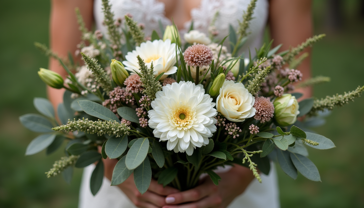 Close-up view of a bouquet of regenerative wedding flowers with wild greenery and seasonal blooms