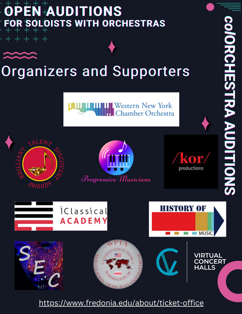 colORCHESTRA Organizers and Sponsors.
Virtual Concert Halls, Progressive Musicians, ko/productions, Brilliant Talents Discovery Awards, Sound Espressivo, iClassical Academy, World Piano Teachers Association, Western New York Chamber Orchestra, SUNY; Westminster Church of Buffalo, NY
