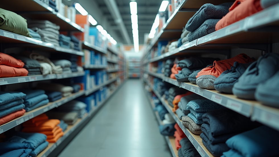 Eye-level view of store shelves with various protective clothing