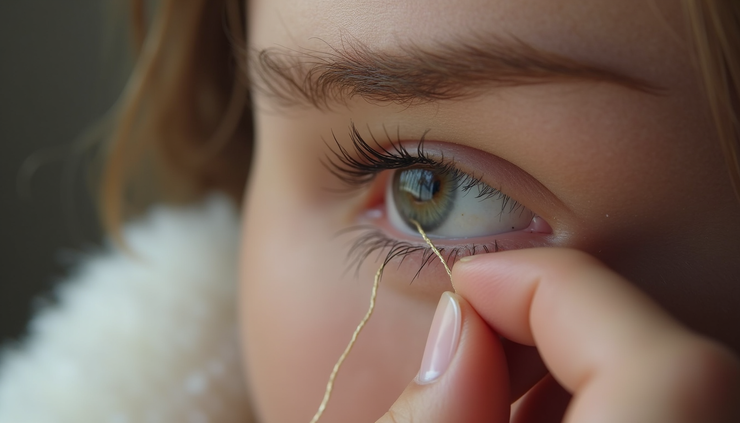Eye-level view of threading being done on an eyebrow