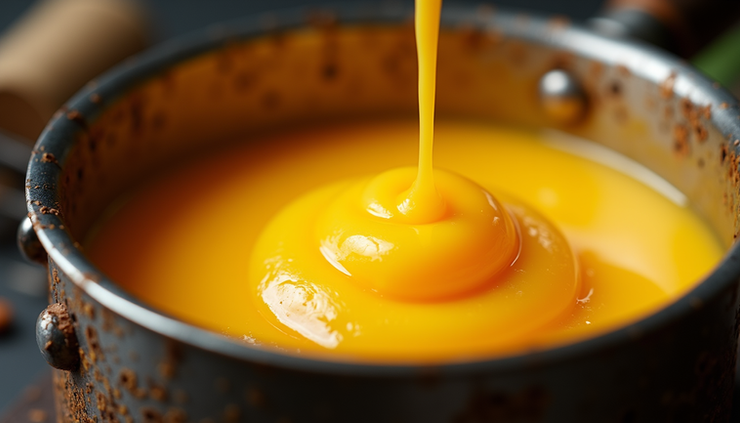 Close-up view of a pot of hard wax melting, showing thick texture