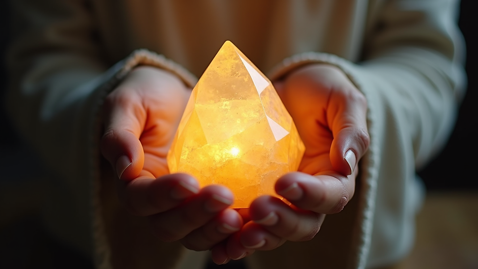 Close-up view of hands gently holding a glowing crystal, symbolizing energy healing