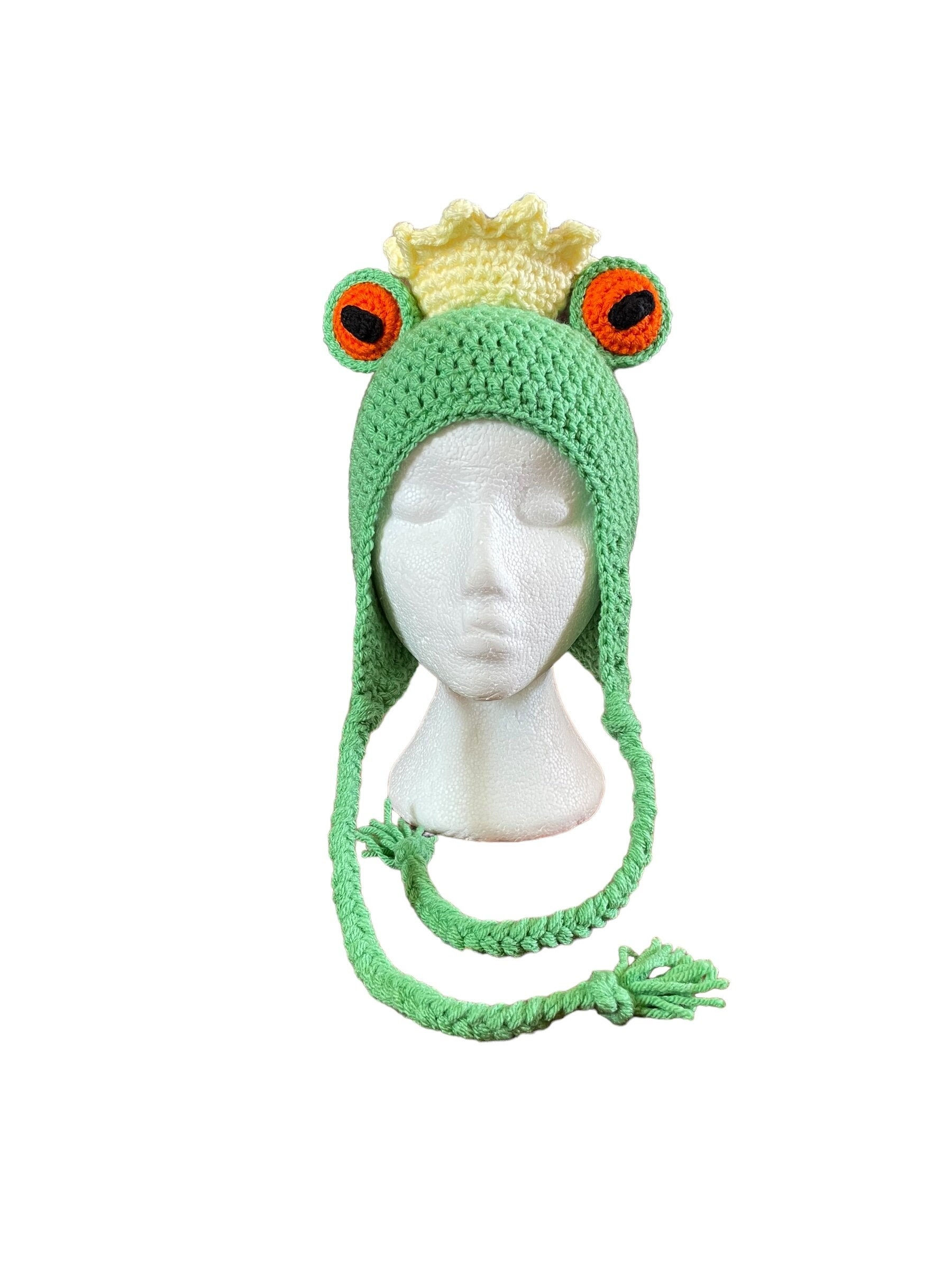 Tree Frog Earflap Hat with crown or flower for Him and Her - crochet Ftog hat pe