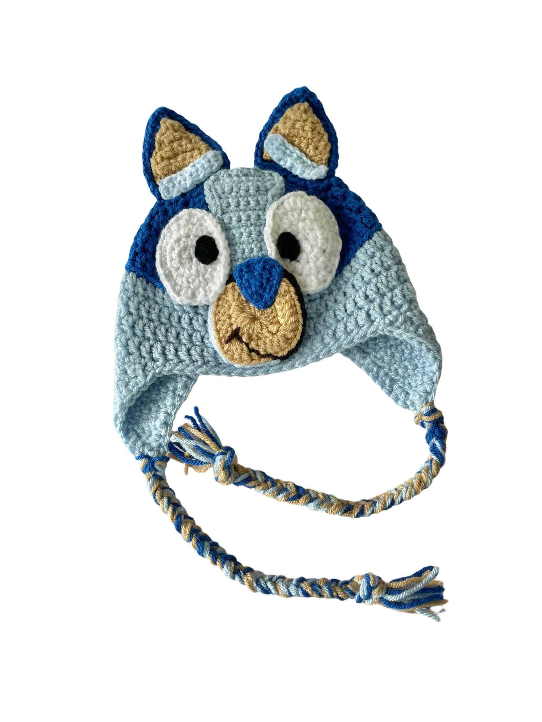 Bluey hat with earflaps and braids handmade in royal blue light blue and a caramel snout