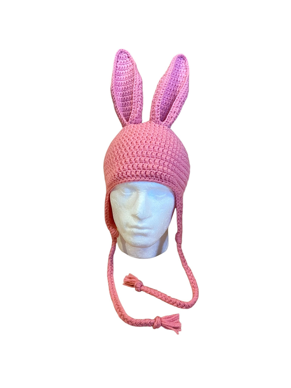 Thumbnail: Front view of  bright pink crochet bunny ear hat handmade for cosplay and festival events.