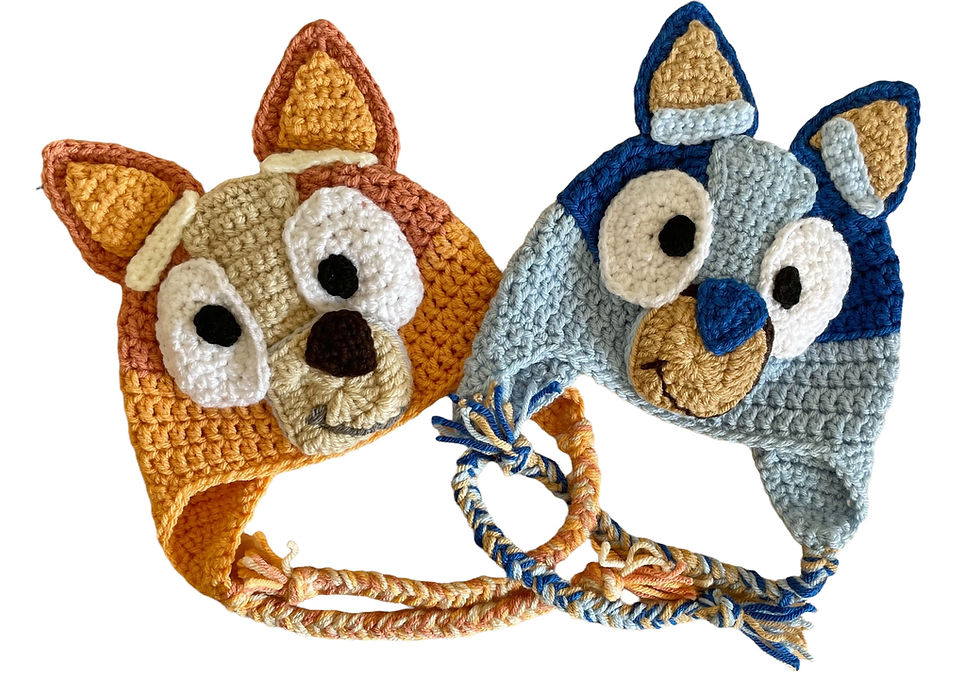 Thumbnail: Bluey and Bingo hats with earflaps and braids Bluey is handmade in royal blue and light blue, Bingo in tan, orange & cream