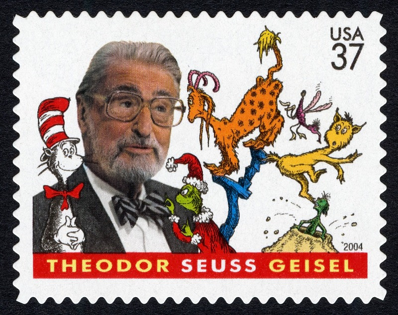 37 cent postage stamp with Dr Seuss in classes and some of his cartoon characters