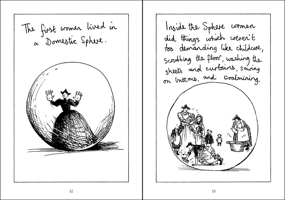 Illustration of a woman in the 1800s trapped in a bubble – "the domestic sphere"