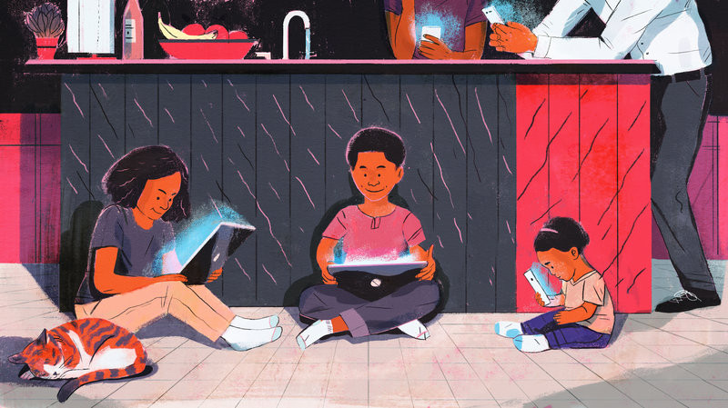 Drawing of kids sitting on the floor with tablets and computers and adults on mobile phones
